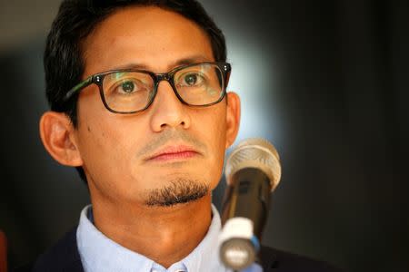 Sandiaga Uno, who is the vice-presidential candidate for Prabowo Subianto, reacts as he delivers a media briefing about taking the election result for a constitutional court challenge, in Jakarta, Indonesia, May 24, 2019. REUTERS/Willy Kurniawan