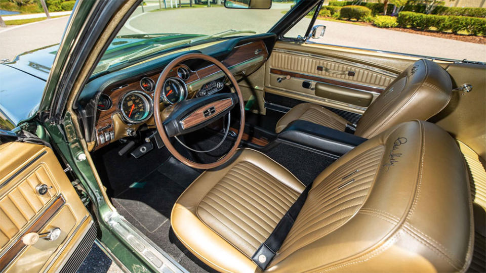 The front seat of the Carroll Shelby-commissioned 1968 Ford Mustang Green Hornet replica