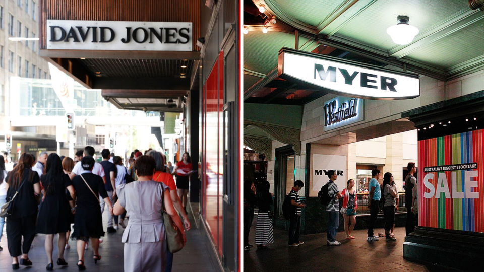 Pictured: David Jones department store, Myer sale. Images: Getty