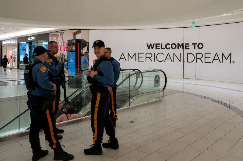 New Jersey State Troopers patrol the American Dream Mall after a bomb scare