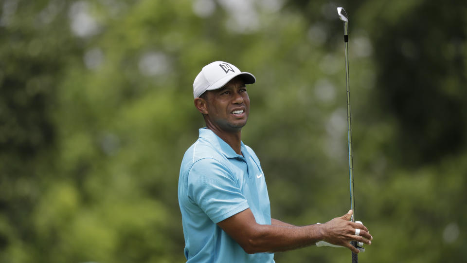 Tiger Woods hits from the third tee during the first round of the Memorial golf tournament, Thursday, July 16, 2020, in Dublin, Ohio. (AP Photo/Darron Cummings)