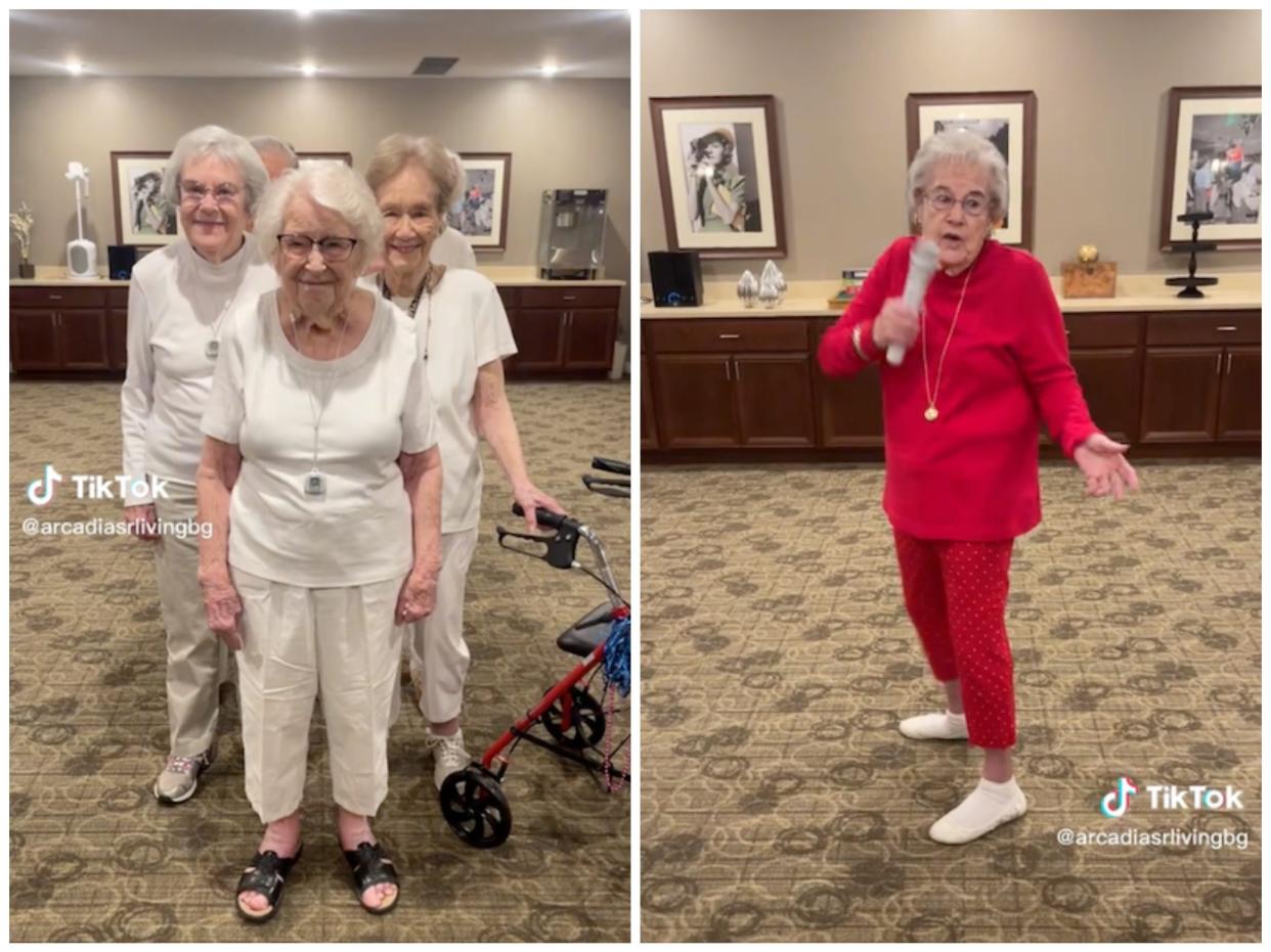 One screenshot of senior residents dressed in white next to another screenshot of a senior resident dressed in red.