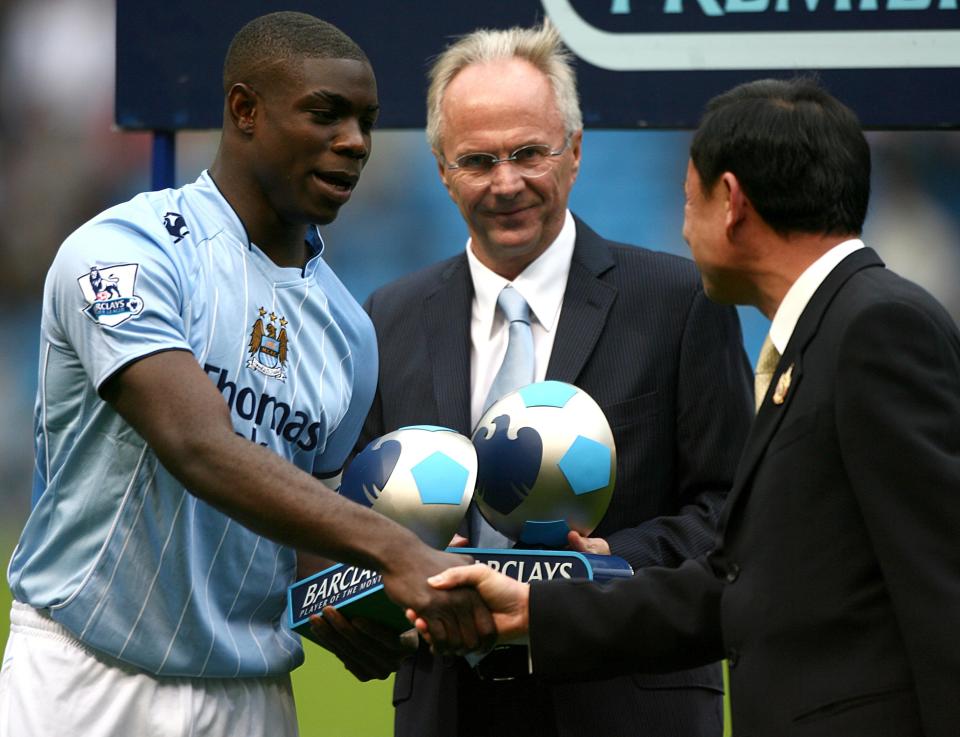 Manchester City owner Thaksin Shinawatra congratulates Manchester City manager Sven Goran Eriksson and Micah Richards on picking up their manager and player of the month awards