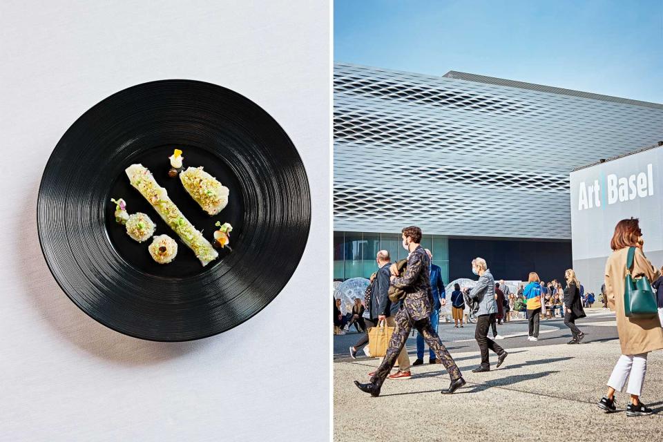 A crudo dish on a black plate, and people walking outside of the Art Basel festival building in Switzerland