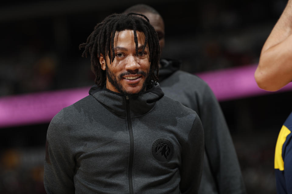 Minnesota Timberwolves guard Derrick Rose (25) in the first half of an NBA basketball game Tuesday, March 12, 2019, in Denver. (AP Photo/David Zalubowski)