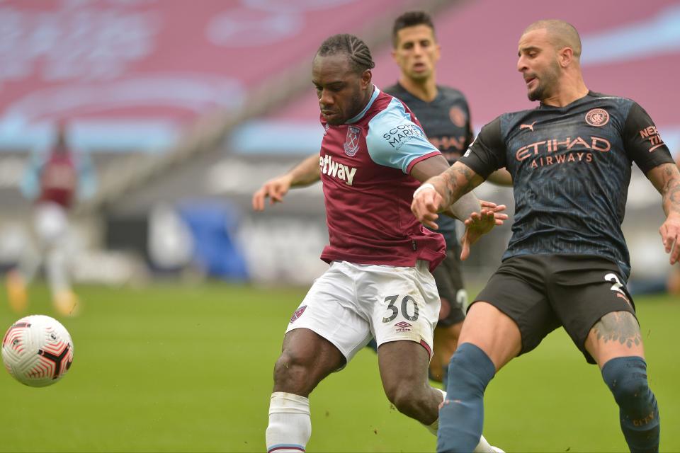 <p>Michail Antonio is back in West Ham training after picking up a hamstring injury against Manchester City</p> (West Ham United FC via Getty Ima)