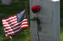 <p>American flags and flowers placed by volunteer groups are seen at the Los Angeles National Military Cemetery two days before Memorial Day in Los Angeles, Calif., on May 26, 2018. (Photo: Mark Ralston/AFP/Getty Images) </p>