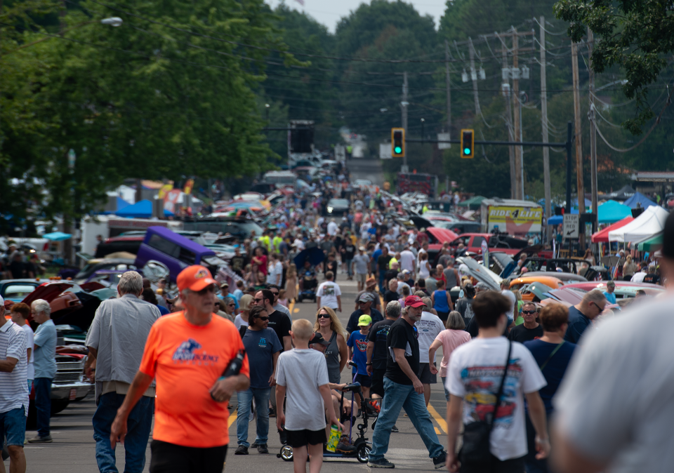 Crowd fills East Main Street in Ravenna early at Octane Nights car show on Wednesday.