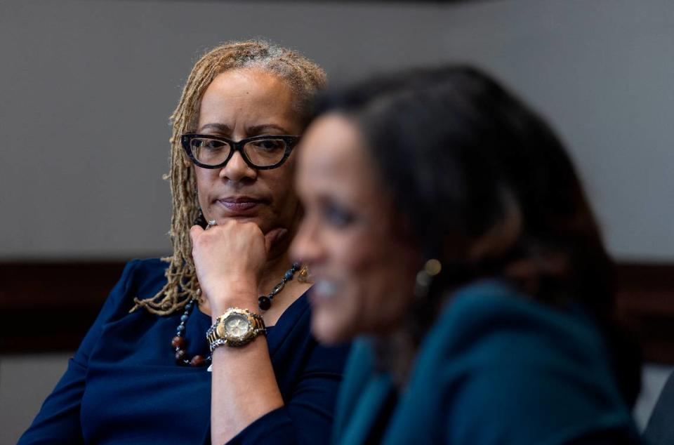 Durham Mayor Elaine O’Neal listens as City Attorney Kimberly Rehberg speaks during an interview at Durham City Hall on Wednesday, March 1, 2023, in Durham, N.C.