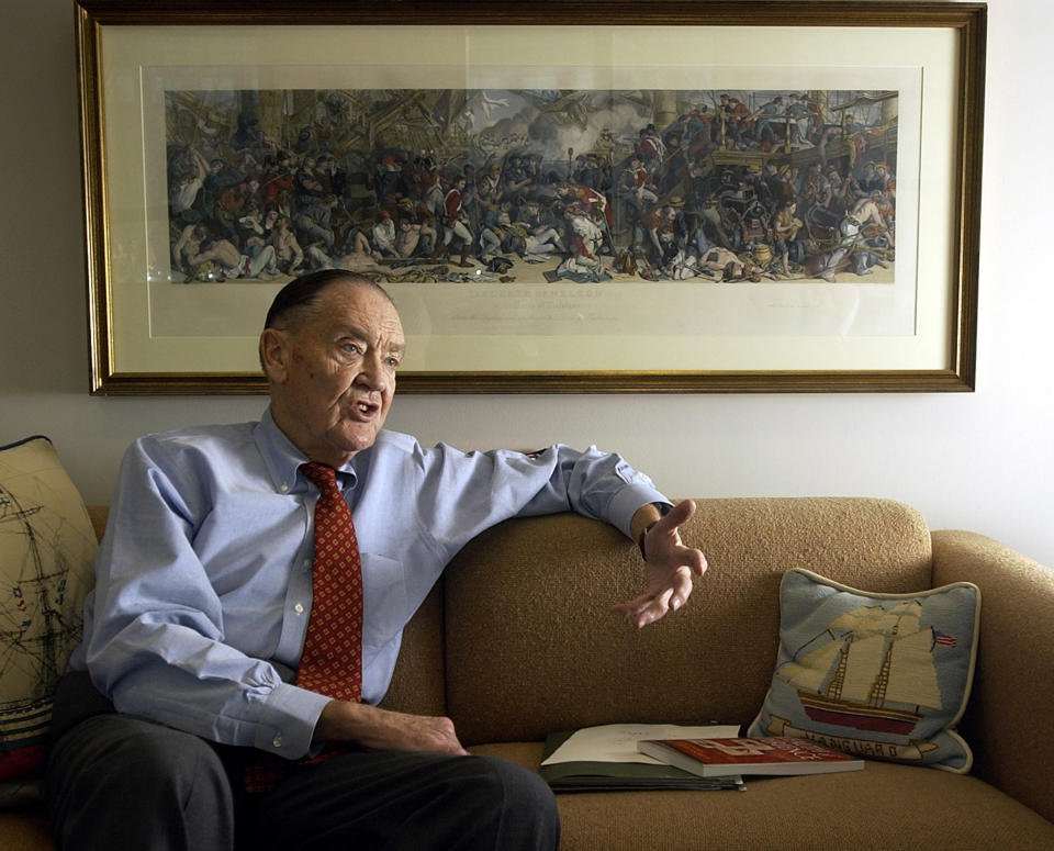 Vanguard group founder John Bogle makes a point during an interview at his office on the Vanguard campus, near Valley Forge, Pennsylvania, January 16, 2003. Bogle, an industry guru, has publicly criticized the investment fund industry.
