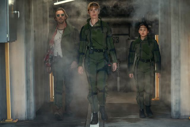 <p>Daniel McFadden/Courtesy of Warner Bros. Pictures</p> Dan Stevens (left), Rebecca Hall and Kaylee Hottle in 'Godzilla x Kong: The New Empire'