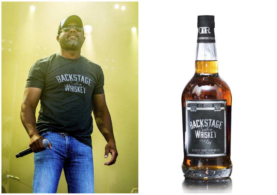 This combination photo shows singer Darius Rucker, left, and a bottle of his whiskey brand Backstage Southern Whiskey. (AP Photo, left, and Backstage Southern Whiskey via AP)