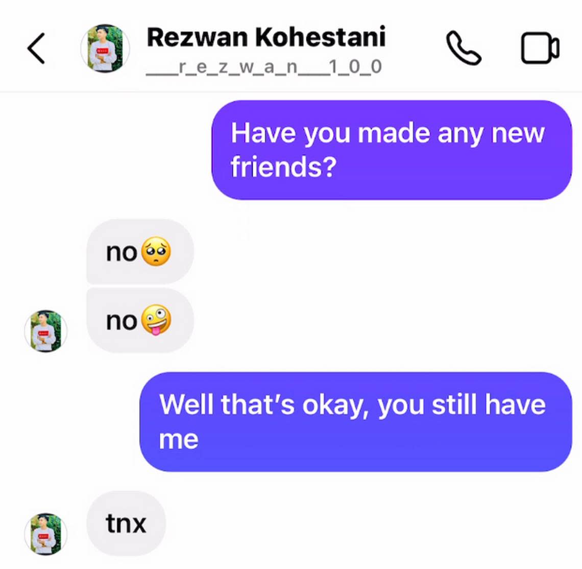 Instagram direct messages between Rezwan and a classmate.