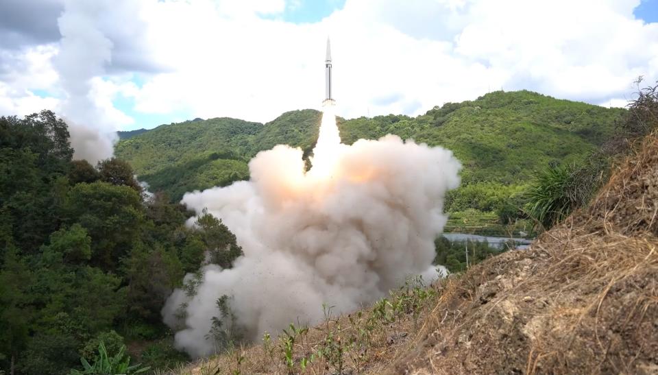 Video screenshot shows a missile launched by the rocket force of the Eastern Theater Command of the Chinese People's Liberation Army PLA, targeting designated maritime areas to the east of the Taiwan Island, Aug. 4, 2022. The Eastern Theater Command on Thursday conducted joint combat exercises and training around the Taiwan Island on an unprecedented scale. (Photo by Xinhua via Getty Images)