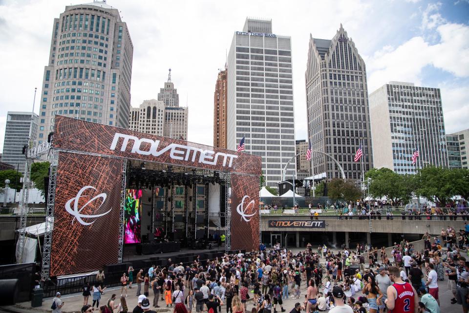 Festival goers dance along as ADMIN performs at Movement Stage during Movement Festival in Detroit on Saturday, May 28, 2022.