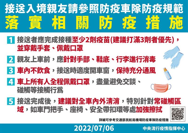 指揮中心提醒出入境親友接送時務必比照防疫車隊措施，降低病毒交互傳染的機會。（圖／中央流行疫情指揮中心提供）