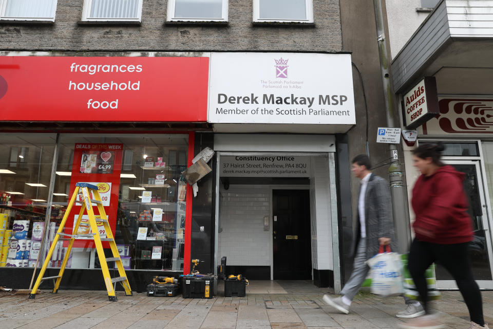 The Renfrew constituency office of Scotland's Finance Secretary Derek Mackay, who has resigned with immediate effect after allegations emerged that he sent hundreds of messages to a 16-year-old boy.