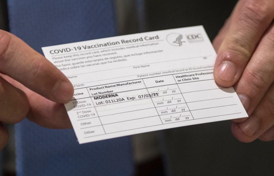 A COVID-19 vaccine card at Augusta University on Dec. 30, 2020.