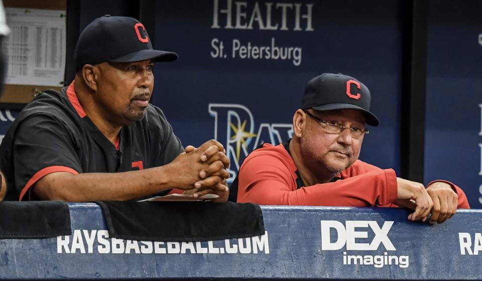 Cleveland bench coach DeMarlo Hale, left, has taken over as acting manager while Terry Francona, right, is out dealing with health issues.