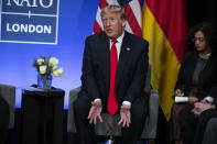 President Donald Trump speaks during a meeting with German Chancellor Angela Merkel during the NATO summit at The Grove, Wednesday, Dec. 4, 2019, in Watford, England. President Donald Trump is calling Canadian Prime Minister Justin Trudeau “two-faced” after he was overheard appearing to gossip about Trump. (AP Photo/ Evan Vucci)