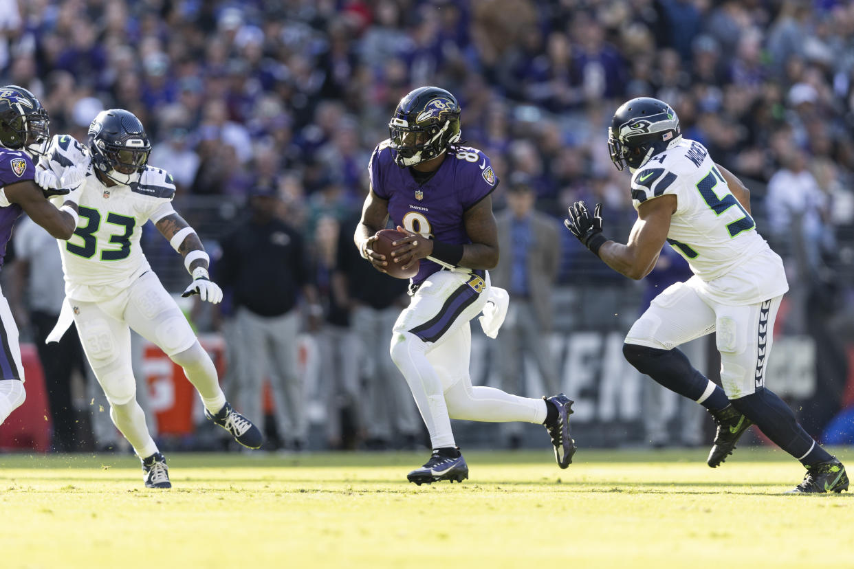 Lamar Jackson didn't post huge numbers as the Ravens cruised in Week 9, but he's the overall QB4 in fantasy football this season. (Photo by Michael Owens/Getty Images)