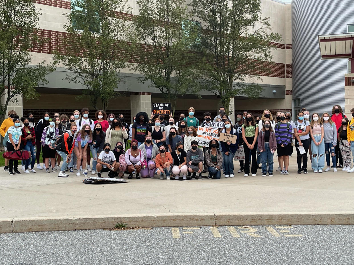 Anti-ban student protesters gather at Central York High School at the beginning of the 2021-2022 school year. 