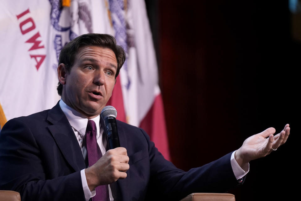 Republican presidential candidate Florida Gov. Ron DeSantis speaks at the Iowa Faith & Freedom Coalition's fall banquet, Saturday, Sept. 16, 2023, in Des Moines, Iowa. (AP Photo/Bryon Houlgrave)