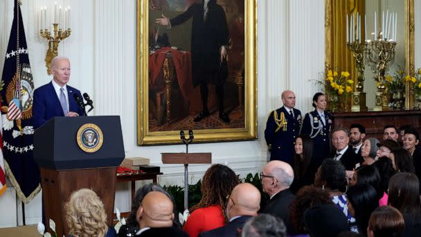 PHOTO: President Joe Biden speaks before presenting the 2021 National Humanities Medal and the 2021 National Medal of Arts at White House in Washington, D.C., March 21, 2023. (Susan Walsh/AP)