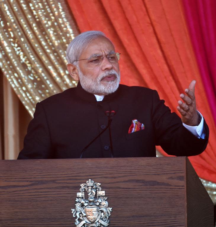 Indian Prime Minister Narendra Modi delivers remarks on April 16, 2015 in Surrey, BC, Canada