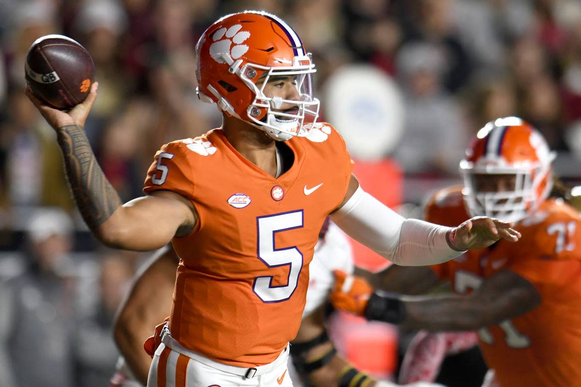 Clemson quarterback DJ Uiagalelei looks for a receiver during the first half of the team’s NCAA college football game against Boston College, Saturday, Oct. 8, 2022, in Boston. (AP Photo/Mark Stockwell)