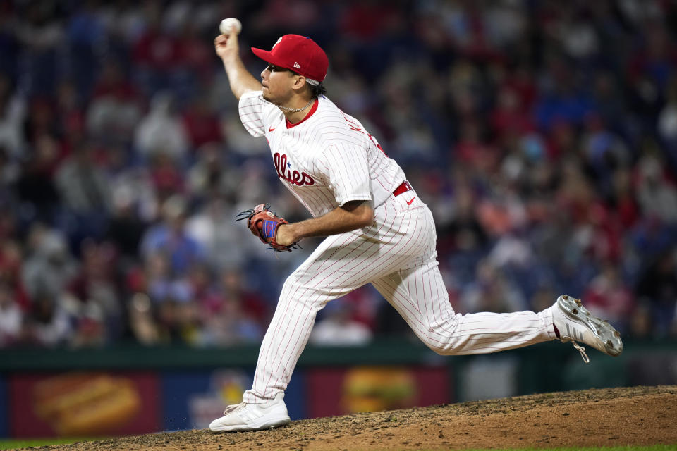 Philadelphia Phillies' Orion Kerkering pitches during the seventh inning of a baseball game against the Pittsburgh Pirates, Wednesday, Sept. 27, 2023, in Philadelphia. (AP Photo/Matt Slocum)