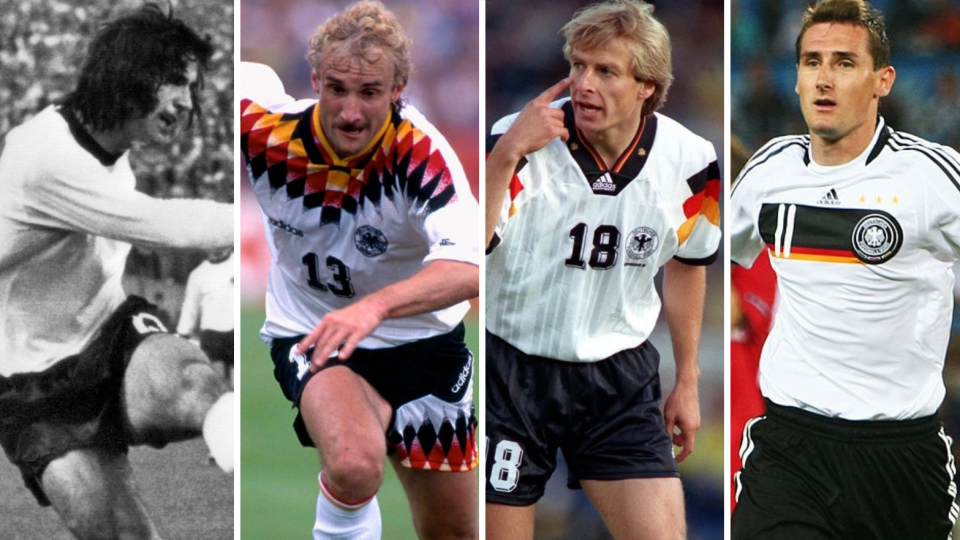 Composite picture of Germany strikers Gerd Muller, Rudi Voller, Jurgen Klinsmann and Miroslav Klose
