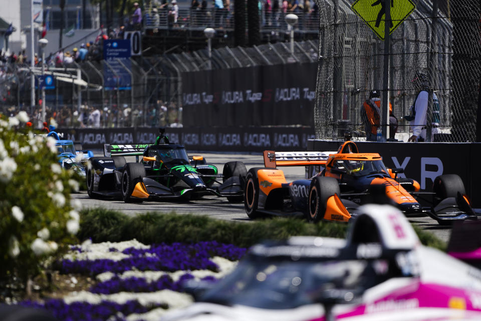 Drivers race during the IndyCar Grand Prix of Long Beach auto race Sunday, April 21, 2024, in Long Beach, Calif. (AP Photo/Ryan Sun)