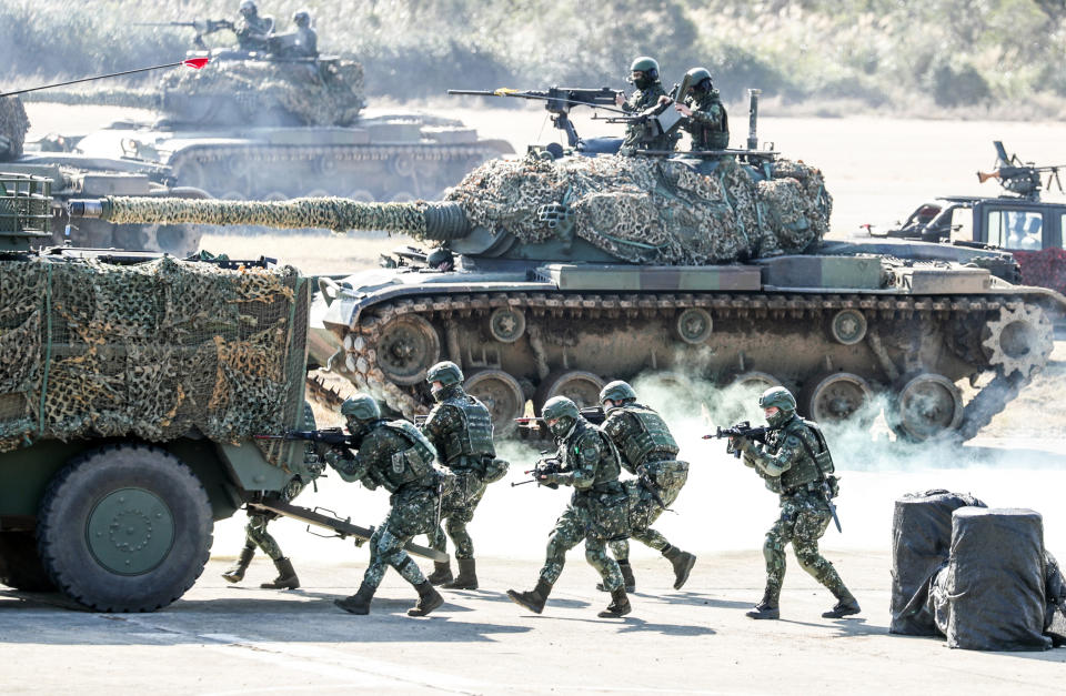 Members of Taiwan's armed forces carry out military exercise in January. Source: Getty