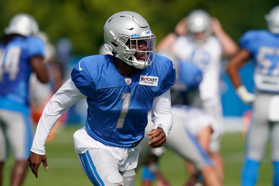 Detroit Lions cornerback Jeff Okudah runs a drill at practice, Tuesday, Sept. 1, 2020, in Allen Park.