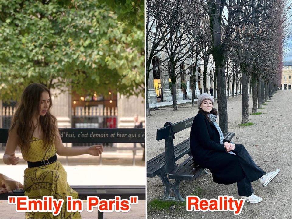 The Palais Royal gardens in "Emily in Paris" (L) and in reality (R).