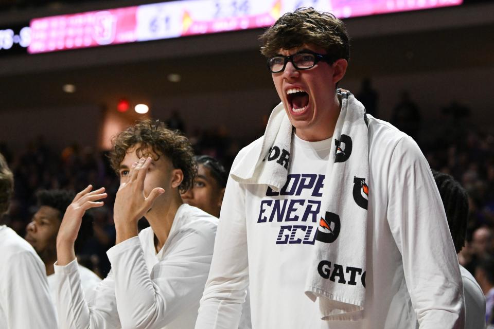 Noah Amenhauser #21 of the Grand Canyon Antelopes reacts to a play against the Seattle Redhawks in the second half of the semifinal game of the Western Athletic Conference basketball tournament at the Orleans Arena on March 15, 2024, in Las Vegas.