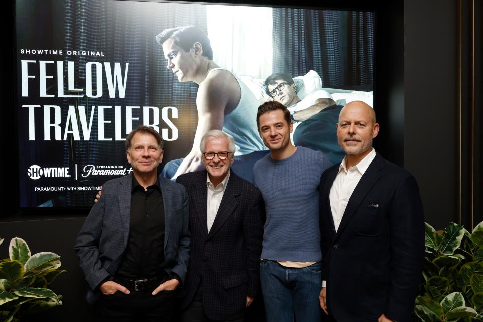 Ron Nyswaner, left, Thomas Mallon, Robbie Rogers and director Daniel Minahan at a "Fellow Travelers" screening in Washington D.C.