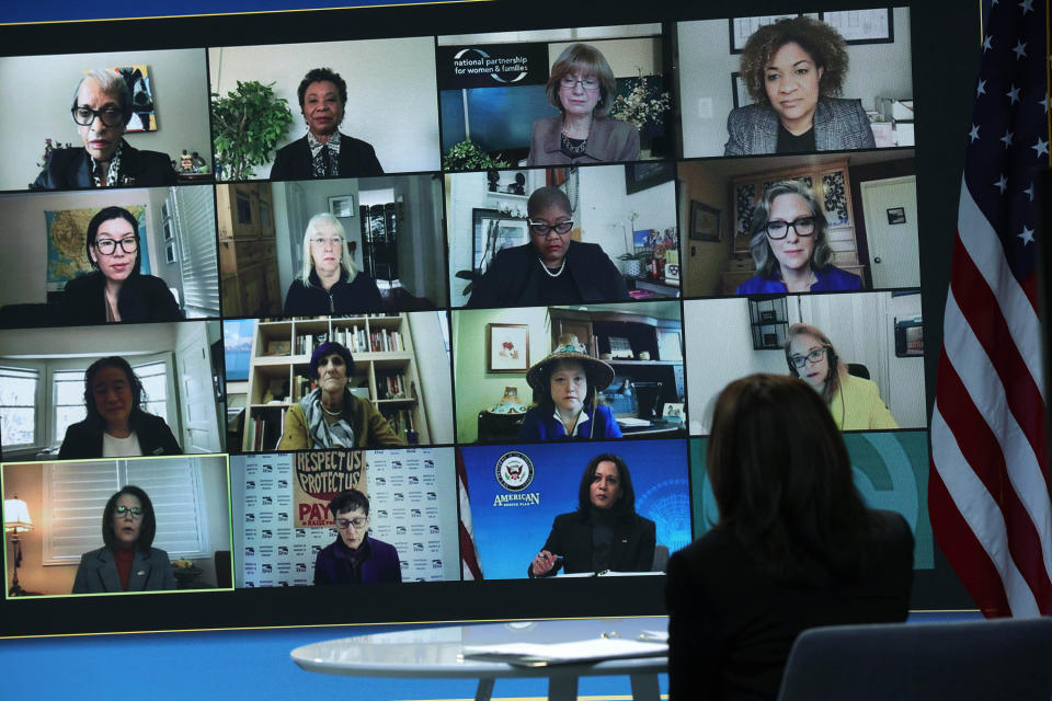 Vice President Kamala Harris listens during a virtual roundtable discussion with female leaders on Feb. 18, 2021, to discuss &ldquo;the critical importance of passing the American Rescue Plan &ndash; particularly for women.&rdquo;  (Photo: Alex Wong/Getty Images)