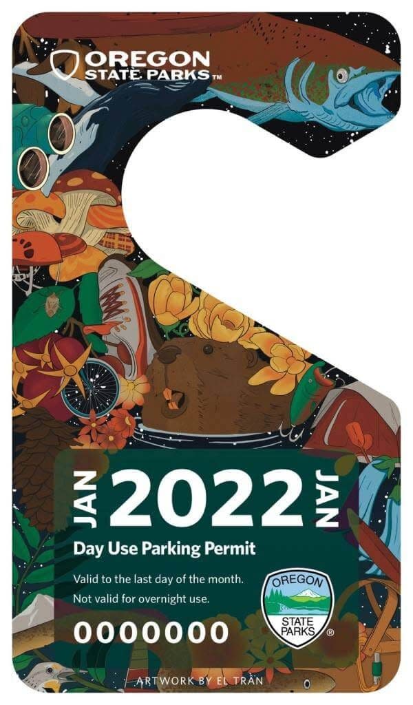 One of three designs by Portland artist El Tran on the annual Oregon State Parks 2022 annual parking permit offered at a $5 discount through December.