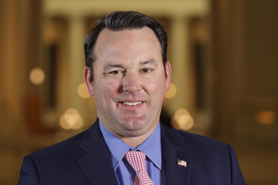 FILE - Georgia Sen. Burt Jones poses for a portrait at the state Capitol, Nov. 16, 2021, in Atlanta. A lawsuit heard on Monday, Dec. 18, 2023, argues that Jones should be disqualified from holding office in Georgia because he acted as an an elector for Republican Donald Trump in 2020 even though Democrat Joe Biden had been certified as winning Georgia's 16 electoral votes. (AP Photo/Brynn Anderson, File)