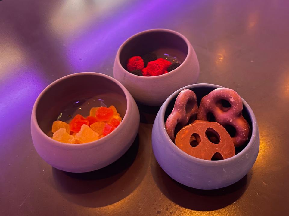 a trio of sweet bar snacks at the hyperspace lounge