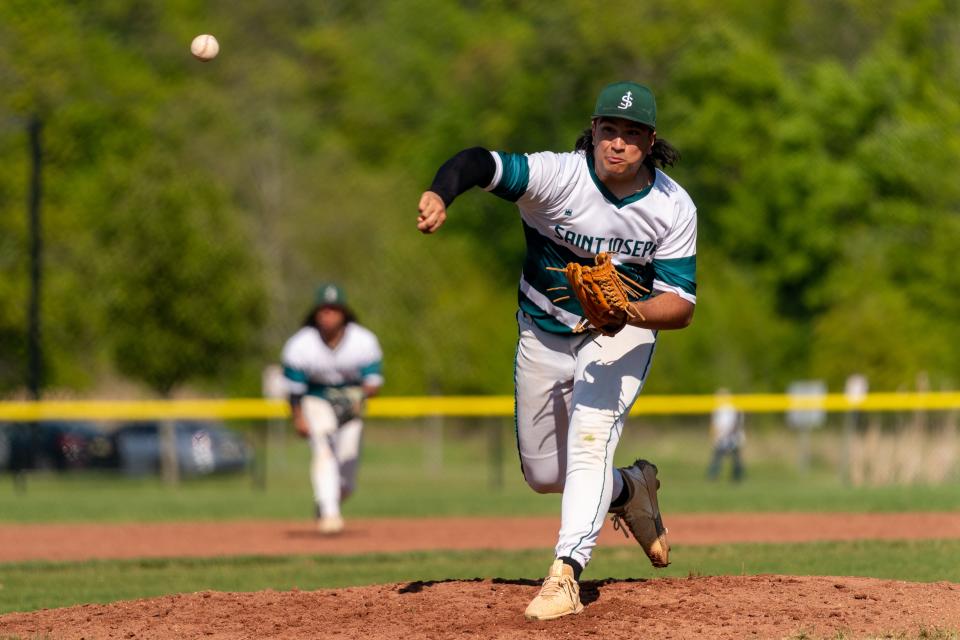 St. Joseph's Mike Dasilva (10) pitches the ball against Spotswood on Wednesday, May 10, 2023 at the field at North Brunswick Community Park in North Brunswick.