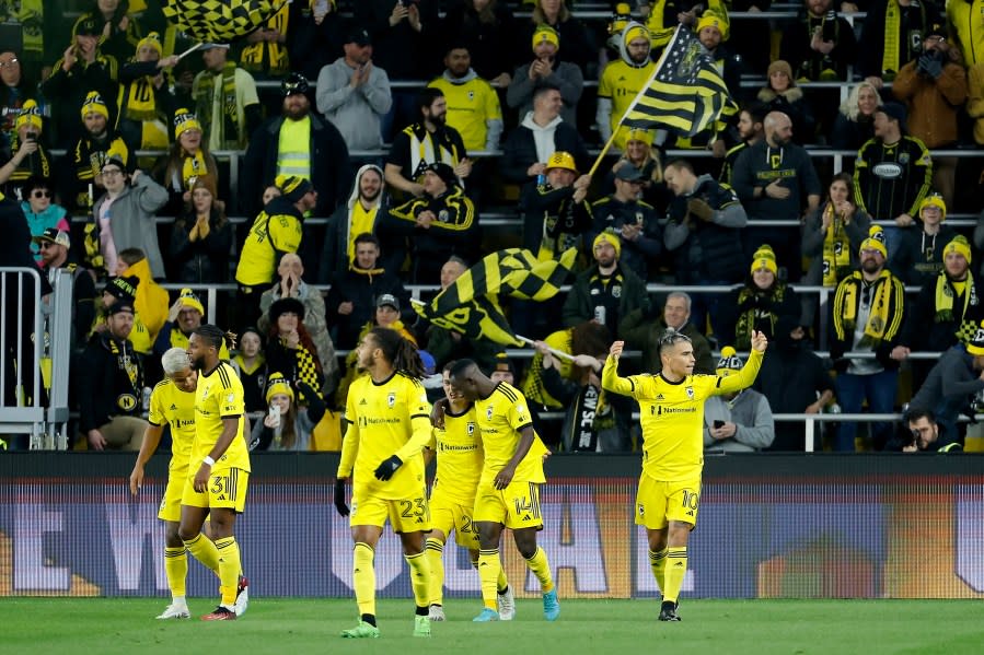 COLUMBUS, OH – MARCH 04: Lucas Zelarayán #10 of the Columbus Crew reacts after scoring his second goal of the match during the first half against the DC United at Lower.com Field on March 4, 2023 in Columbus, Ohio. (Photo by Kirk Irwin/Getty Images)