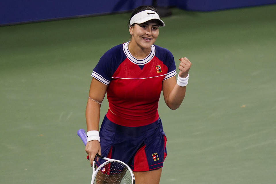 Bianca Andreescu, of Canada, reacts after winning her match against Lauren Davis, of the United States, during the second round of the US Open tennis championships, Thursday, Sept. 2, 2021, in New York. (AP Photo/Frank Franklin II)