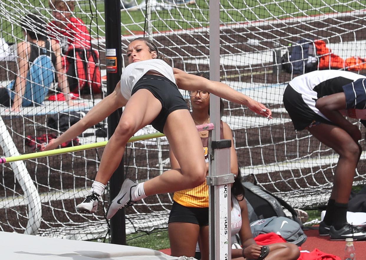 North Rockland's Desirae Hernandez on her way to winning the Girls High Jump at the annual Gold Rush Invitational track and field meet at Clarkstown South High School in West Nyack Aril 27, 2024.