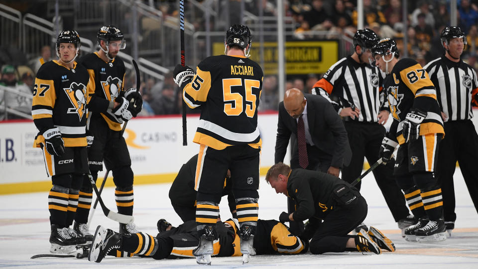 Penguins rookie John Ludvig left Tuesday's game and did not return. (Photo by Justin Berl/Getty Images)