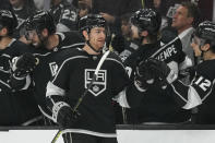 Los Angeles Kings right wing Gabriel Vilardi (13) celebrates after scoring during the first period of Game 4 of an NHL hockey Stanley Cup first-round playoff series hockey game against the Edmonton Oilers Sunday, April 23, 2023, in Los Angeles. (AP Photo/Ashley Landis)