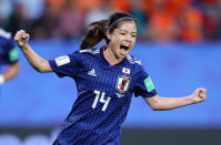 Yui Hasegawa of Japan celebrates after scoring her team's first goal during the 2019 FIFA Women's World Cup France Round Of 16 match between Netherlands and Japan at Roazhon Park on June 25, 2019 in Rennes, France. (Photo by Richard Heathcote/Getty Images )