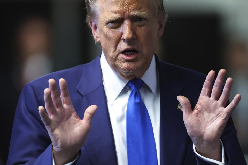 Former President Donald Trump Former President Donald Trump speaks to media as he returns to his trial at the Manhattan Criminal Court, Friday, May 3, 2024, in New York. (Charly Triballeau/Pool Photo via AP)